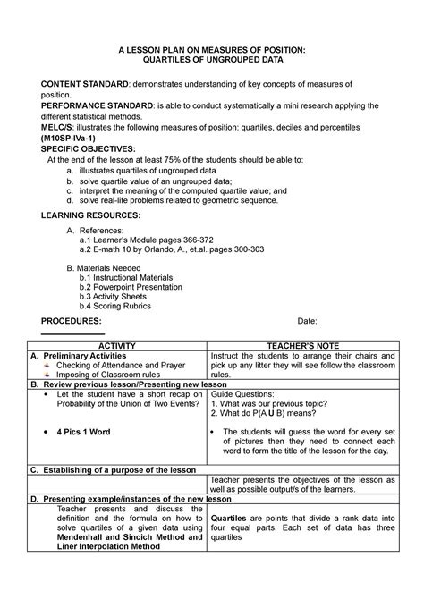 decile for ungrouped data lesson plan|Demo lesson plan 2nd COT .
